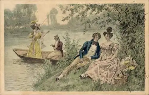Jugendstil Litho Zwei Liebespaare, Ruderboot, Liebe