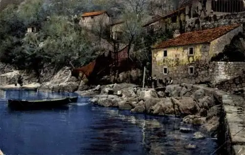 Ak Häuser am See, Ruderboot, Fischernetze