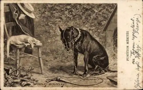 Künstler Ak Berkeley, S., Hund mit Maulkorb, Schlafende Katze, Hundehütte