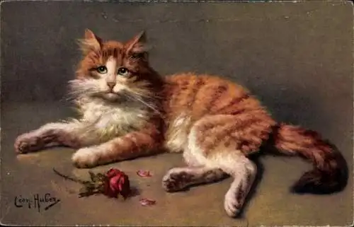 Künstler Ak Huber, L., Getigerte Katze, Rose