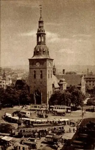 Ak Oslo Norwegen, Vor Frelsers kirke og Stortorvet