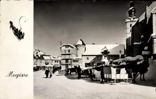 Ak Megève Haute Savoie, La Place del'Eglise et les Trainegaux, Winter