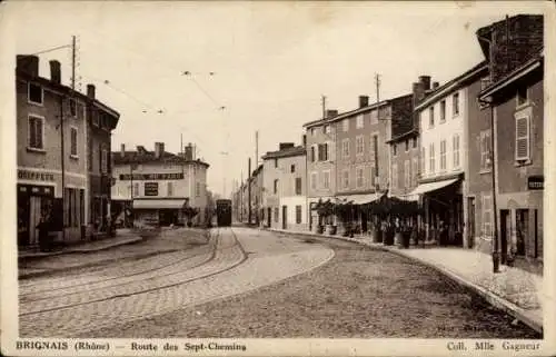 Ak Brignais Rhône, Route des Sept Chemins, Hotel du Parc, Straßenbahn, Friseur