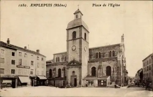 Ak Amplepuis Rhône, Kirche, Kirchplatz, Turmuhr