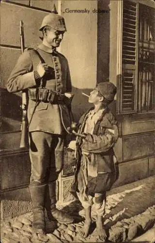 Ak Serbien, Mazedonien, deutscher Soldat in Uniform, einheimischer Junge, 1. WK