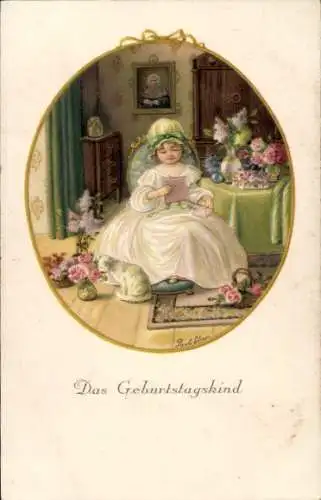 Künstler Ak Ebner, Pauli, Das Geburtstagskind, Mädchen mit Blumenvasen und Katze