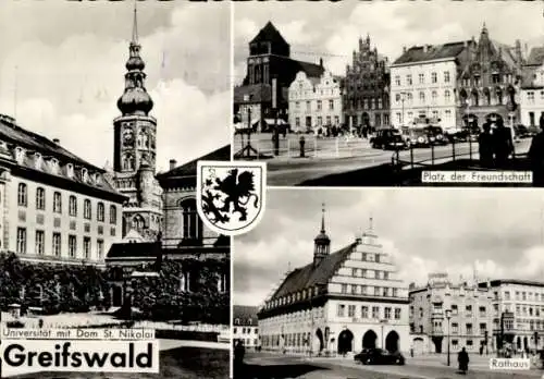 Ak Hansestadt Greifswald, Platz der Freundschaft, Rathaus, Ernst-Moritz-Arndt-Universität, Wappen