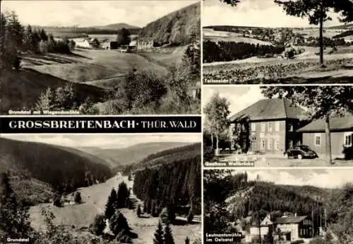 Ak Großbreitenbach in Thüringen, Teilansicht, Grundatal, Leutnantsmühle, Gasthaus Wallbrücke