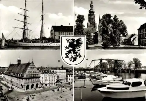 Ak Hansestadt Greifswald, Segelschulschiff Wilhelm Pieck, Dom St. Nikolai, Rathaus, Wieck