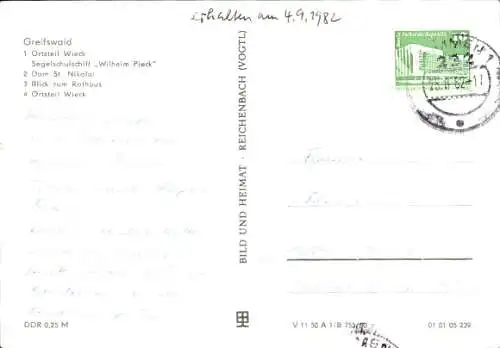 Ak Hansestadt Greifswald, Segelschulschiff Wilhelm Pieck, Dom St. Nikolai, Rathaus, Wieck