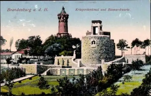 Ak Brandenburg an der Havel, Kriegerdenkmal und Bismarckwarte