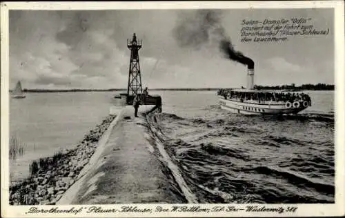 Ak Dorotheenhof Bensdorf in Brandenburg, Plauer Schleuse, Salon-Dampfer Odin, Leuchtturm