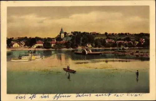 Ak Lebus an der Oder, Gesamtansicht, Ruderboot, Dampfer