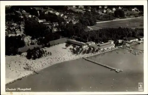 Ak Seebad Rangsdorf, Blick auf den Strand, Steg, Fliegeraufnahme