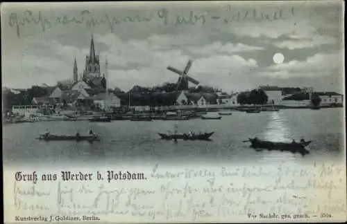 Mondschein Ak Werder an der Havel, Mühle, Kirche, Ruderboote