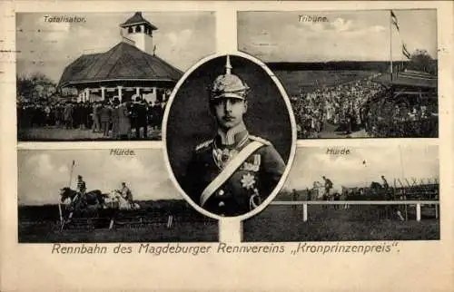 Ak Magdeburg an der Elbe, Rennbahn des Rennvereins Kronprinzenpreis, Tribüne, Hürde