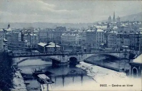 Ak Genève Genf Schweiz, Stadtansicht im Winter, Rhone-Brücke der Coulouvrenière  