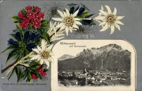 Präge Passepartout Ak Mittenwald in Oberbayern, Gesamtansicht, Karwendel, Alpenblumen, Edelweiß