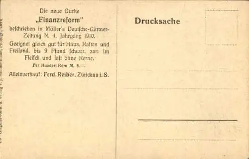 Ak Zwickau in Sachsen, Die neue Gurke Finanzreform, Gärtnerei Ferd. Reiber