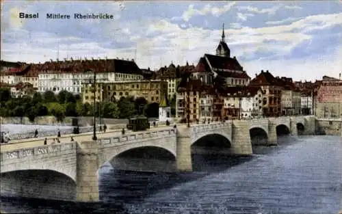 Ak Basel Stadt Schweiz, Mittlere Rheinbrücke