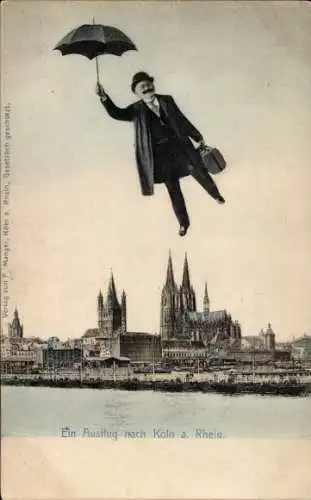 Ak Köln am Rhein, Teilansicht mit Dom, Mann fliegt mit Regenschirm über die Stadt, Ein Ausflug