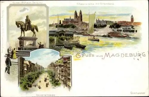 Litho Magdeburg an der Elbe, Kaiserstraße, Kaiser Wilhelm Straße, Elbpanorama, Strombad