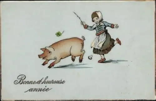 Ak Glückwunsch Neujahr, Mädchen rennt einem Schwein hinterher