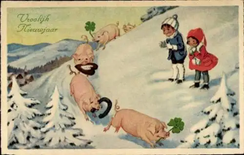 Ak Glückwunsch Neujahr, Schweine, Hufeisen, Kleeblätter, Lebkuchen, Schneelandschaft