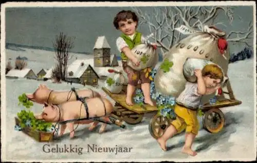 Ak Glückwunsch Neujahr, Schweine, Geldsäcke, Klee