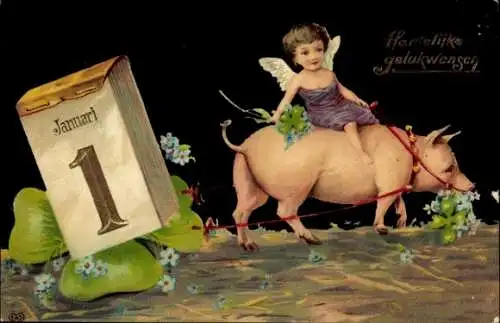 Ak Glückwunsch Neujahr, Engel reitet auf einem Schwein, Kalender, Klee