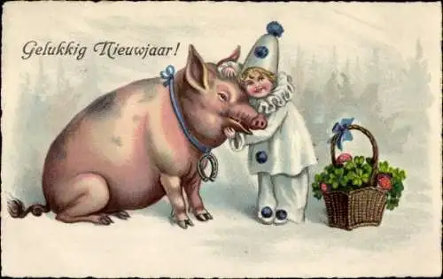 Ak Glückwunsch Neujahr, Schwein, Harlekin, Korb mit Klee