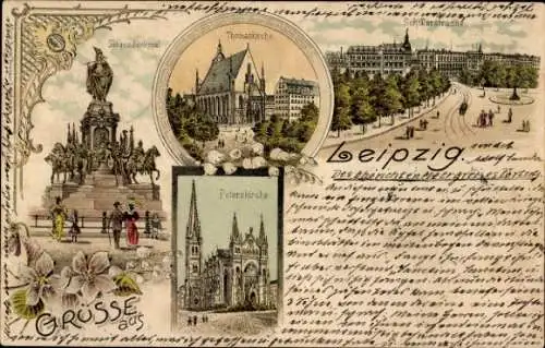 Litho Leipzig in Sachsen, Thomaskirche, Siegesdenkmal, Schillerstraße, Peterskirche