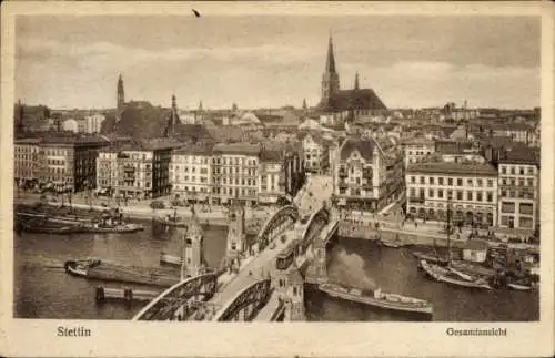 Ak Szczecin Stettin Pommern, Gesamtansicht, Brücke, Dampfer