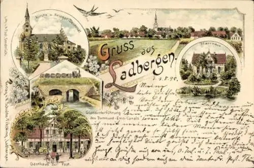 Litho Ladbergen in Nordrhein Westfalen, Pfarrhaus, Kirche, Gasthaus zur Post