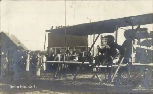 Ak Thelen beim Start, Flugpionier, Doppeldecker, Rundflug BZ Preis