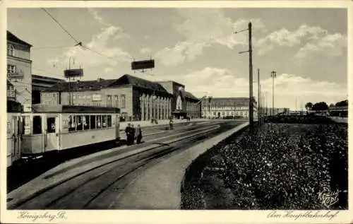 Ak Kaliningrad Königsberg Ostpreußen, Am Hauptbahnhof, Straßenbahn