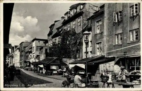 Ak Kaliningrad Königsberg Ostpreußen, Am Fischmarkt, Marktstände, Gebäude