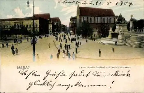 Ak Wrocław Breslau Schlesien, Schweidnitzer Straße, Kaiser Wilhelm Denkmal