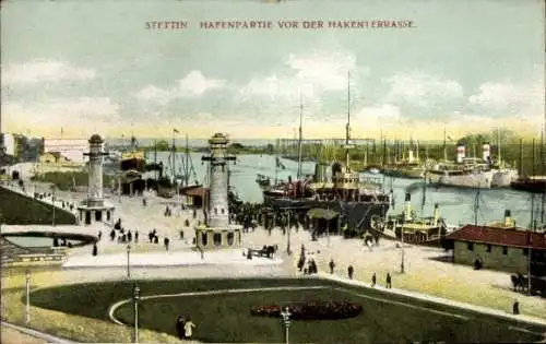 Ak Szczecin Stettin Pommern, Hafenpartie, Blick von der Hakenterrasse