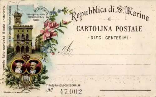 Litho San Marino, Palazzo del Consiglio Principe e Sovrano, Inaugurazione 1894