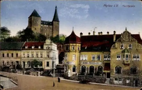 Ak Mylau Reichenbach im Vogtland, Partie am Marktplatz, Hotel Reichsadler