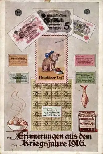 Ak Erinnerungen aus dem Kriegsjahre 1916, Fisch, Marmelade, Geldscheine