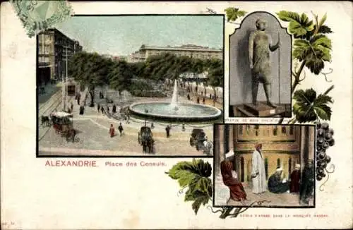 Ak Alexandria Ägypten, Place des Consuls, Statue, Arabische Schule