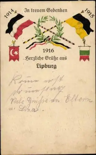 Ak In treuem Gedenken, Waffenbrüderschaft, Vierbund, Flaggen 1914 -1916, Lipburg