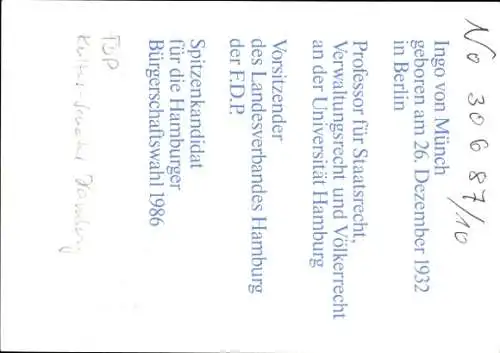 Ak Politiker Ingo von Münch, FDP, Autogramm