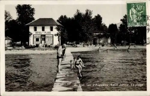 Ak Saint Jorioz Haute Savoie, Lac d'Annecy, Strand, Badesteg, Hotel de la Plage