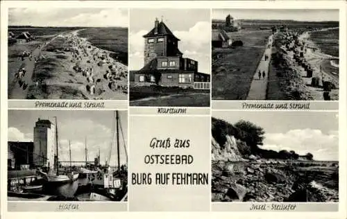 Ak Burg auf der Insel Fehmarn, Promenade, Strand, Wartturm, Hafen, Steilufer