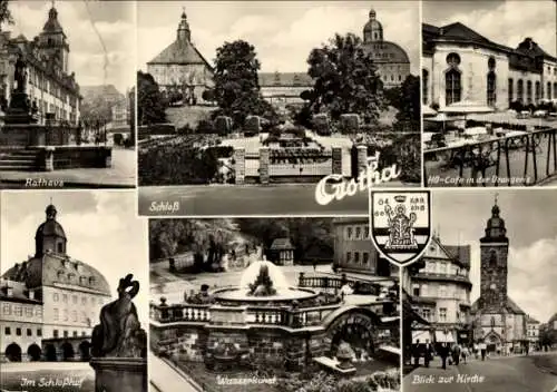 Ak Gotha in Thüringen, Rathaus, Wappen, Schloss, HO-Café in der Orangerie, Wasserkunst, Kirche