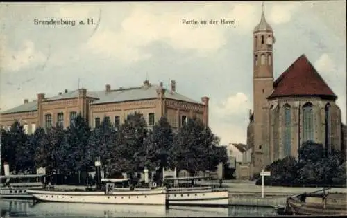 Ak Brandenburg an der Havel, Teilansicht, Kirche, Dampfschiffe