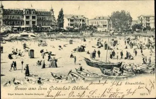 Ak Ostseebad Ahlbeck auf Usedom, Strand, Ruderboote